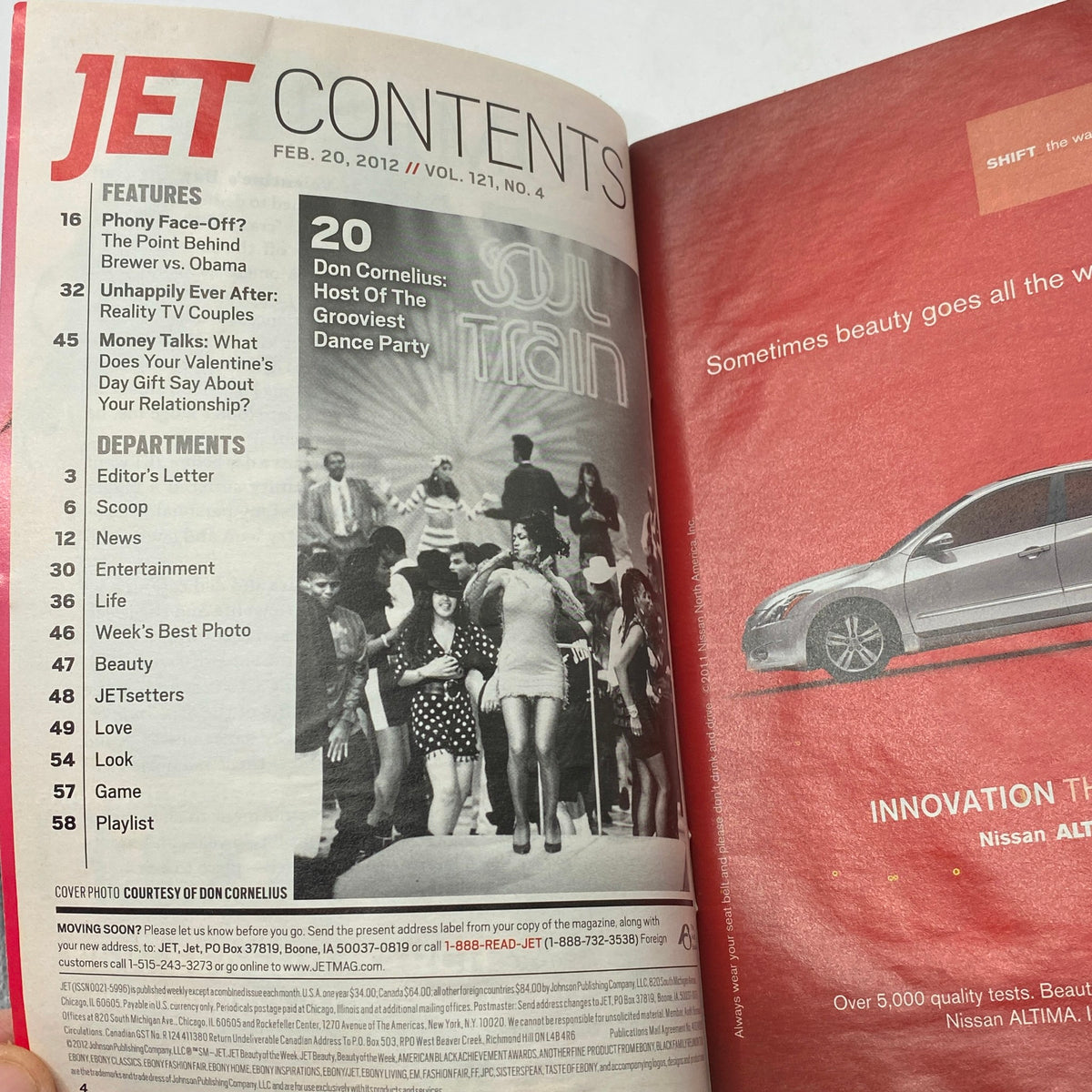 Contents page of Jet Magazine, February 20, 2012, Vol 121 No. 4, listing articles including a feature on Don Cornelius, host of Soul Train.