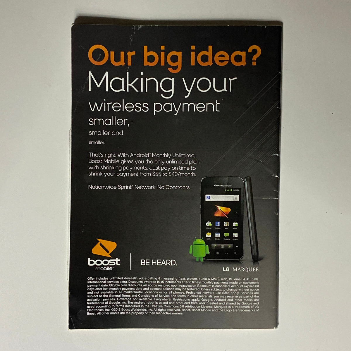 Back cover of Jet Magazine, February 20, 2012, advertising Boost Mobile with a promotion for shrinking wireless payments and featuring an LG Marquee smartphone.