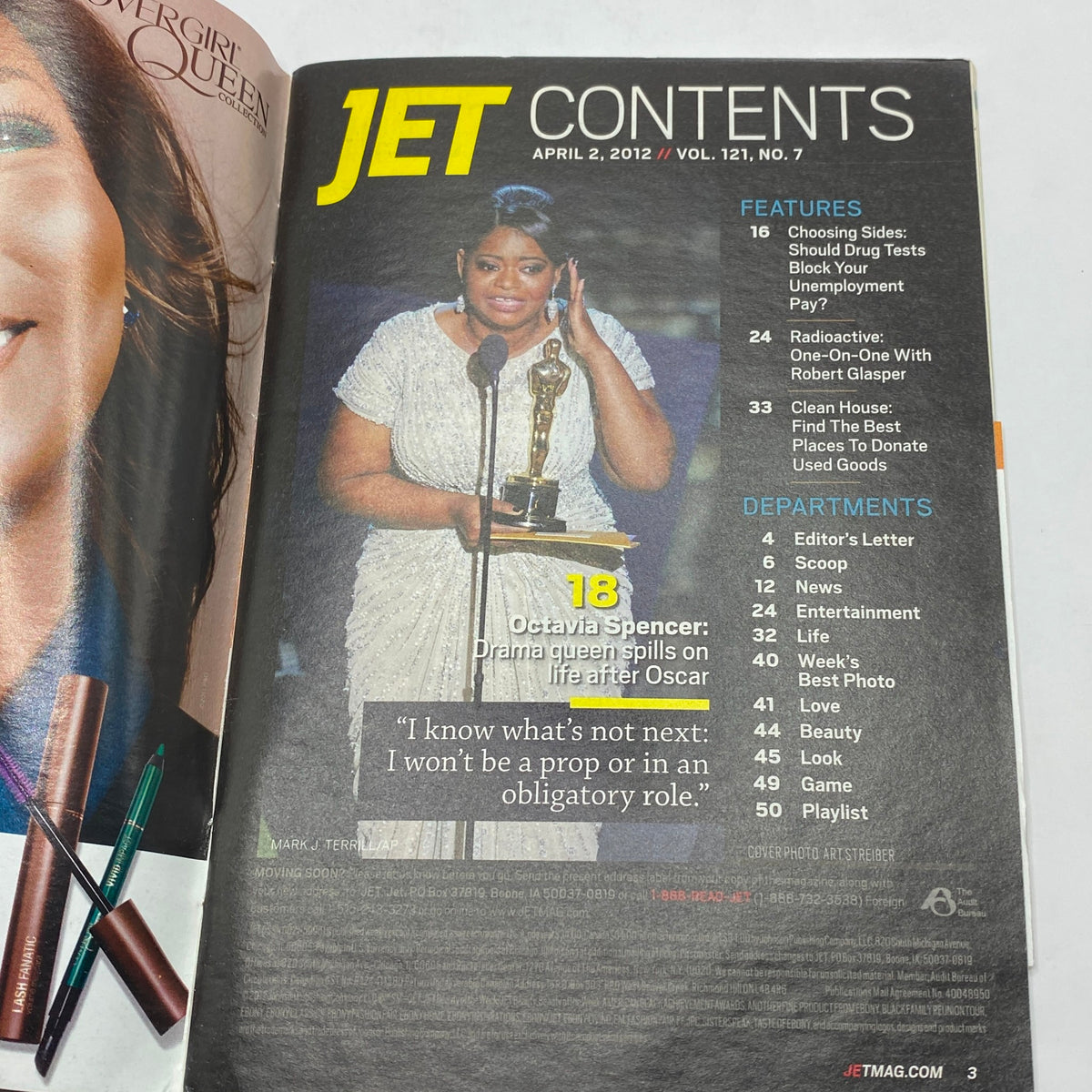 Inside contents of Jet Magazine April 2, 2012, showcasing an article about Octavia Spencer. It includes her Oscar speech and insights on her career.