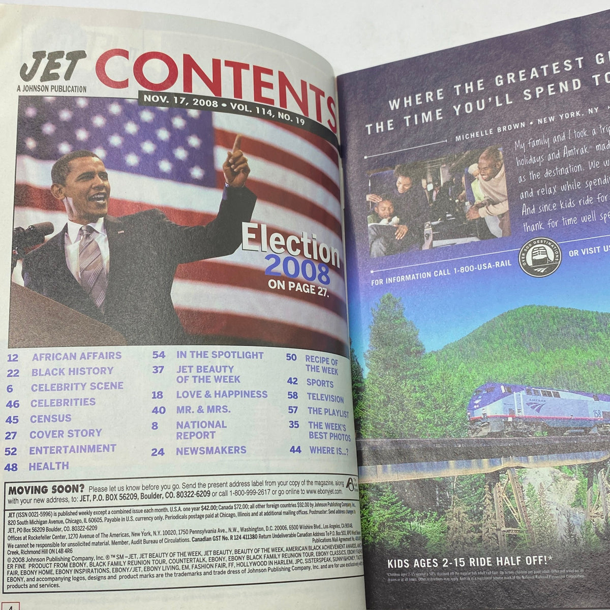 Contents page of Jet Magazine November 17, 2008, highlighting articles related to the 2008 presidential election and featuring Barack Obama.