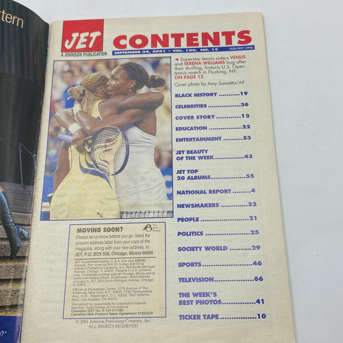 Contents page of Jet Magazine, September 24, 2001, Volume 100, Number 14, highlighting features including Venus and Serena Williams.