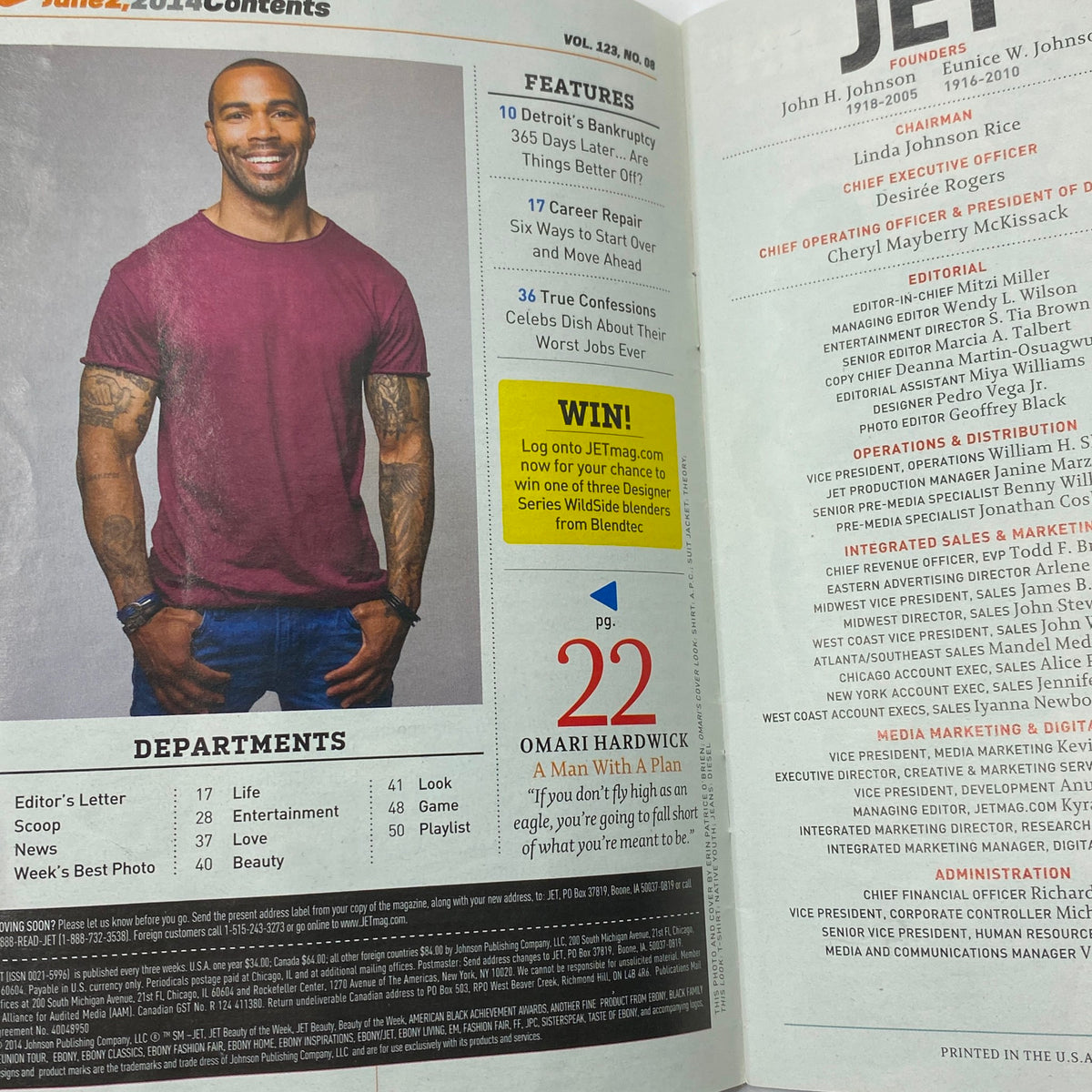 Contents page of Jet Magazine June 2, 2014, Vol 123 No. 8, highlighting features and articles, including Omari Hardwick's profile.