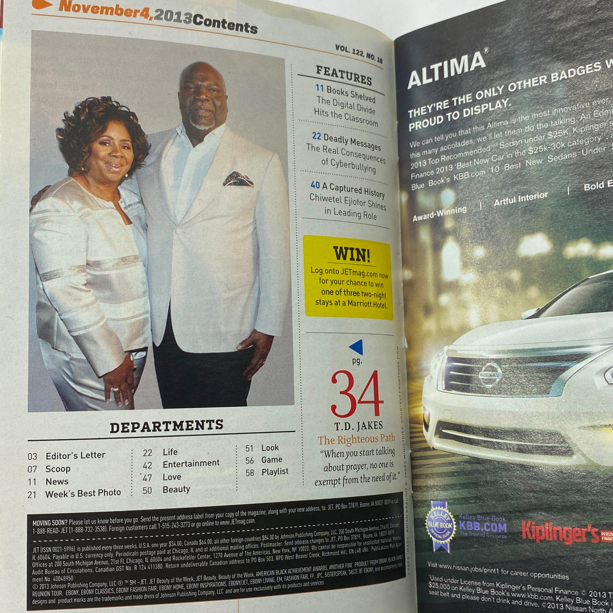 Contents page of Jet Magazine November 4, 2013, Vol 122 No. 16 highlighting features including T.D. Jakes and details about the issue.