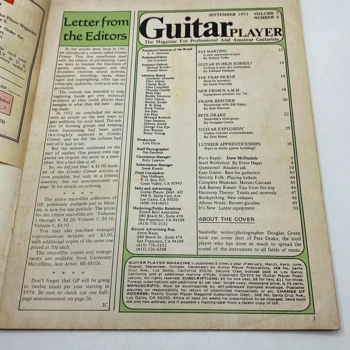 Inside page of VTG Guitar Player Magazine September 1973 containing an editorial letter and table of contents, highlighting featured articles and contributors in the music industry.
