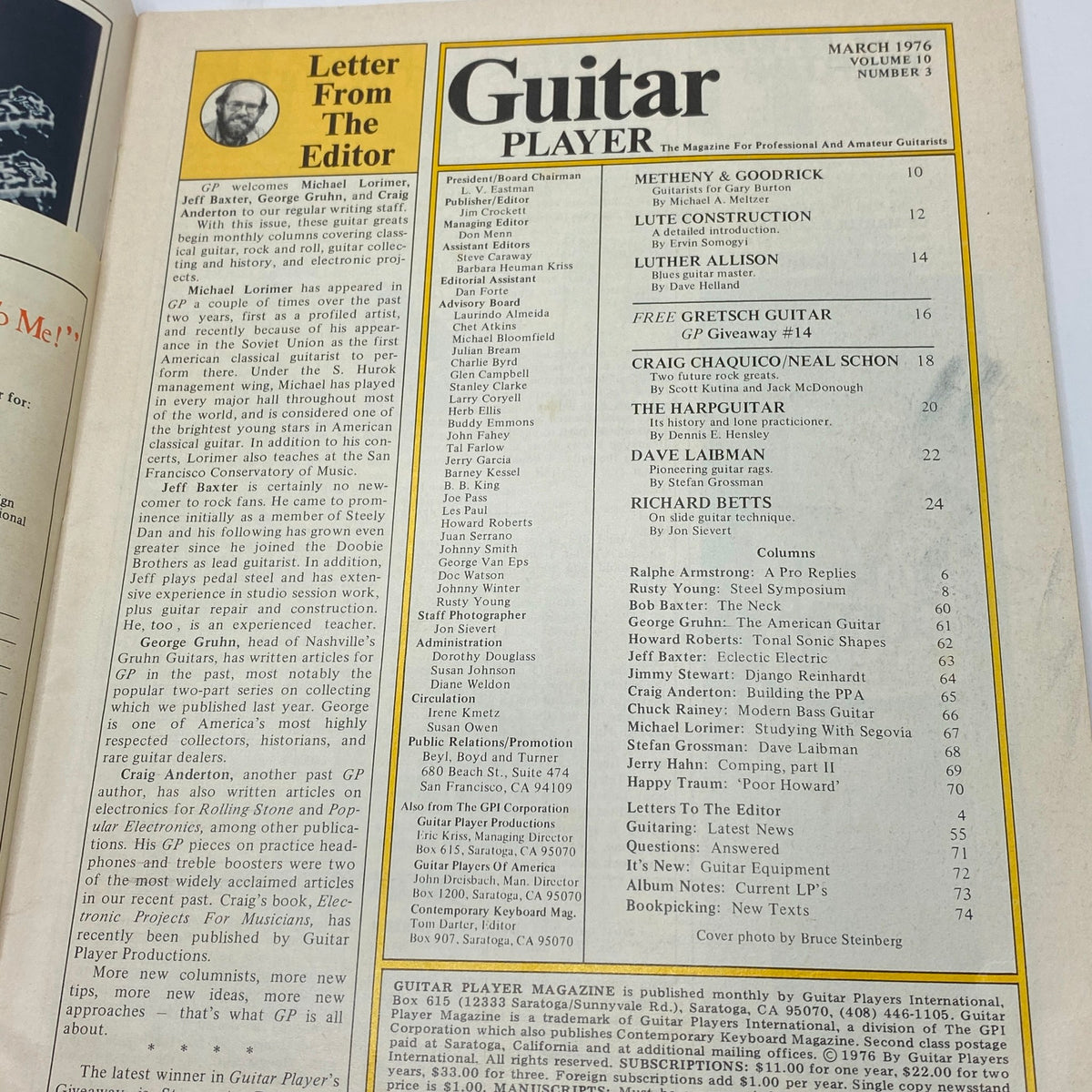 Vintage Guitar Player Magazine March 1976 Vol 10 No. 3 Richard Betts No Label