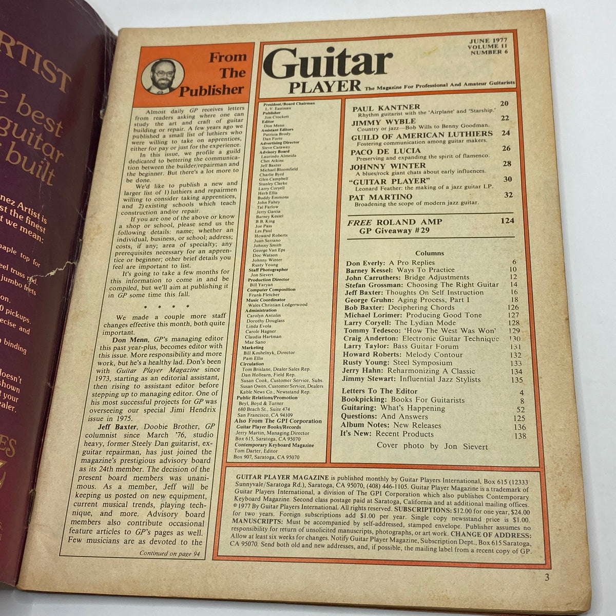 Interior page of the Guitar Player Magazine from June 1977 featuring an article overview with a list of contents, including notable guitarist Pat Martino.