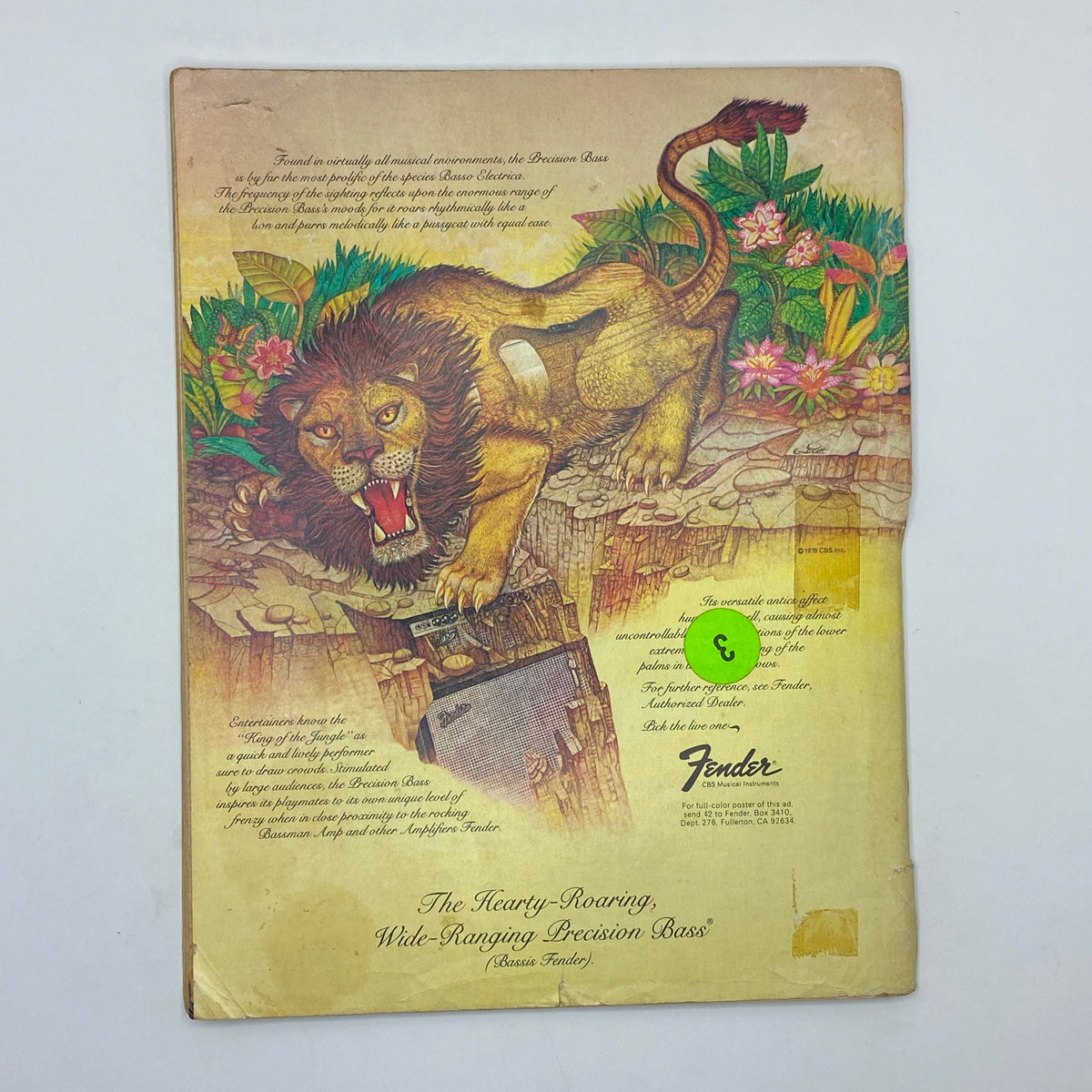 Back cover of the Guitar Player Magazine June 1977, showcasing an artistic advertisement for the Fender Precision Bass, featuring a lion illustration.