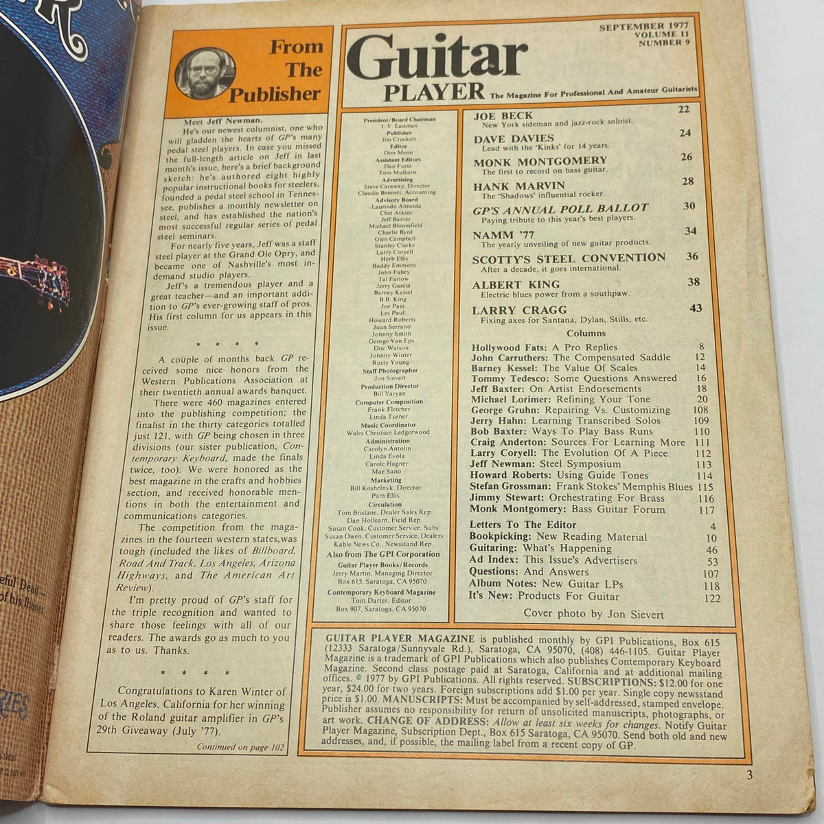 Inside page of VTG Guitar Player Magazine from September 1977 featuring the table of contents and articles including Albert King. Perfect for collectors and music history enthusiasts.