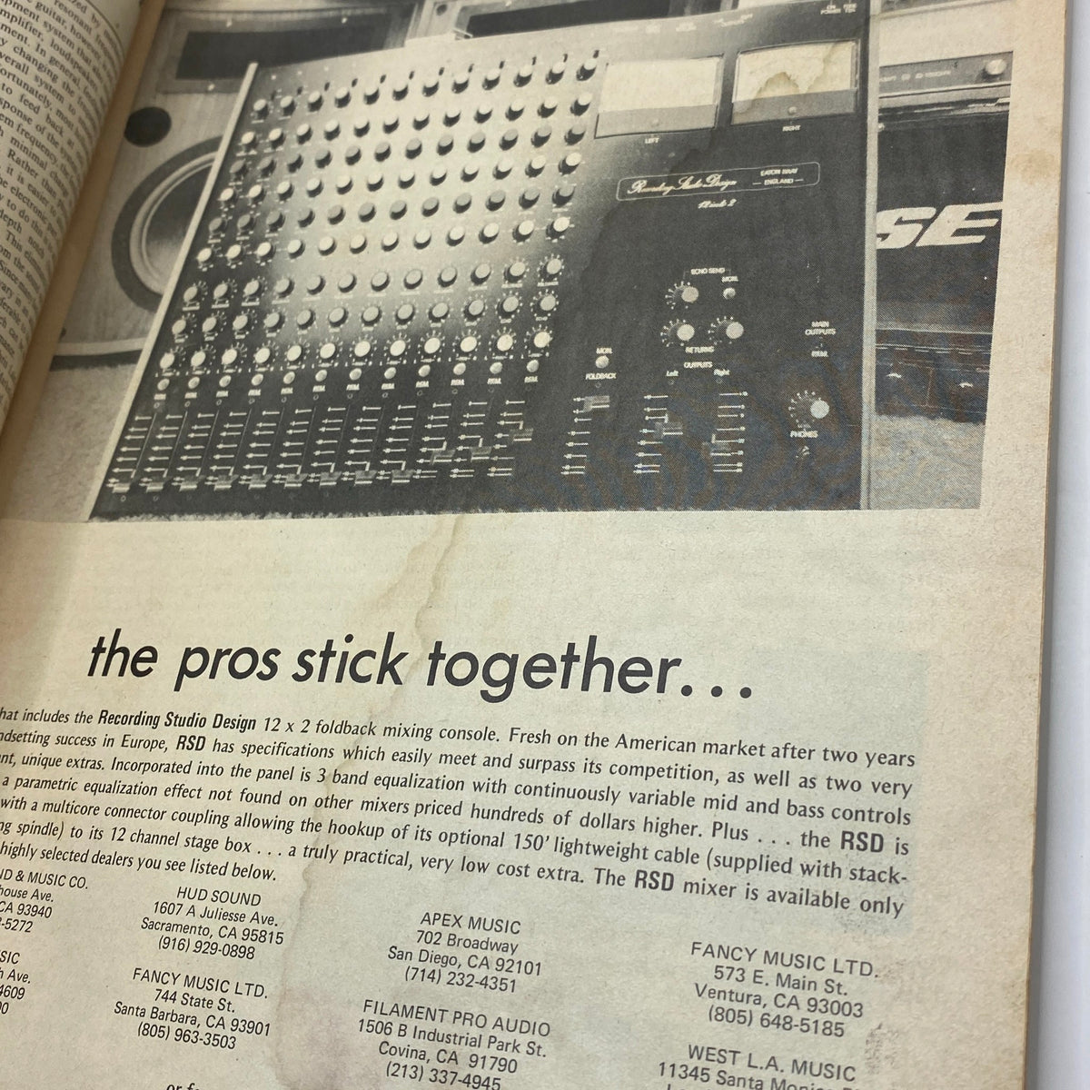 Interior page of Guitar Player Magazine February 1978 Vol 12 No 2 showcasing a vintage mixing console and accompanying article, emphasizing its historical context.