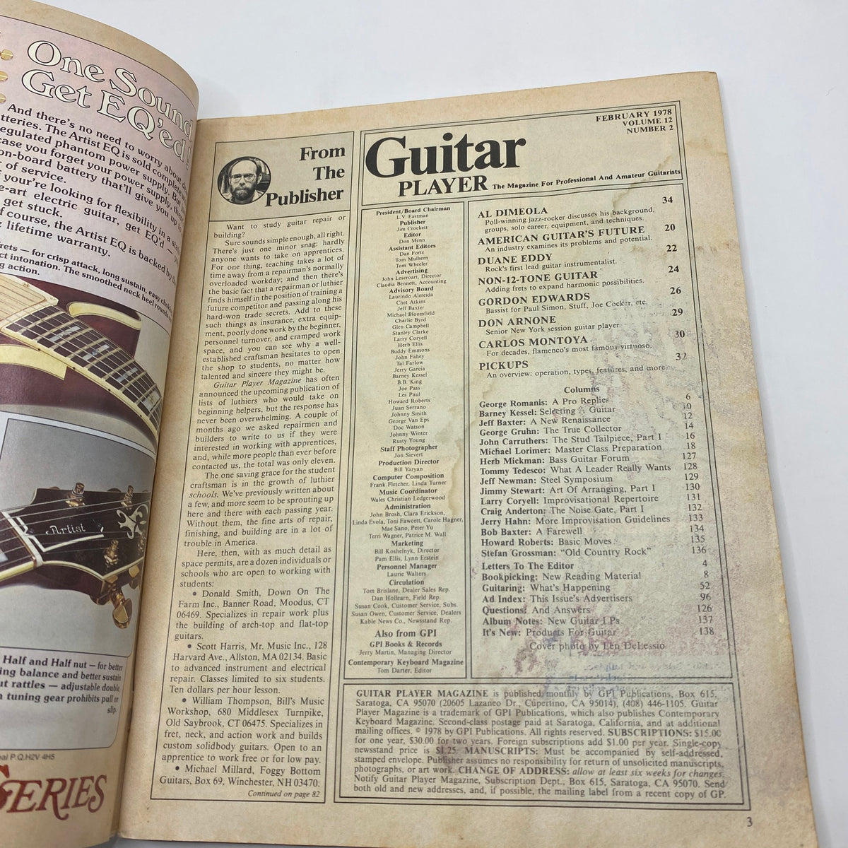 Guitar Player Magazine February 1978 Vol 12 No 2 Al DiMeola Jazz-Rock featuring the magazine's contents page including articles and features on famous musicians, a detailed layout, and publication information.