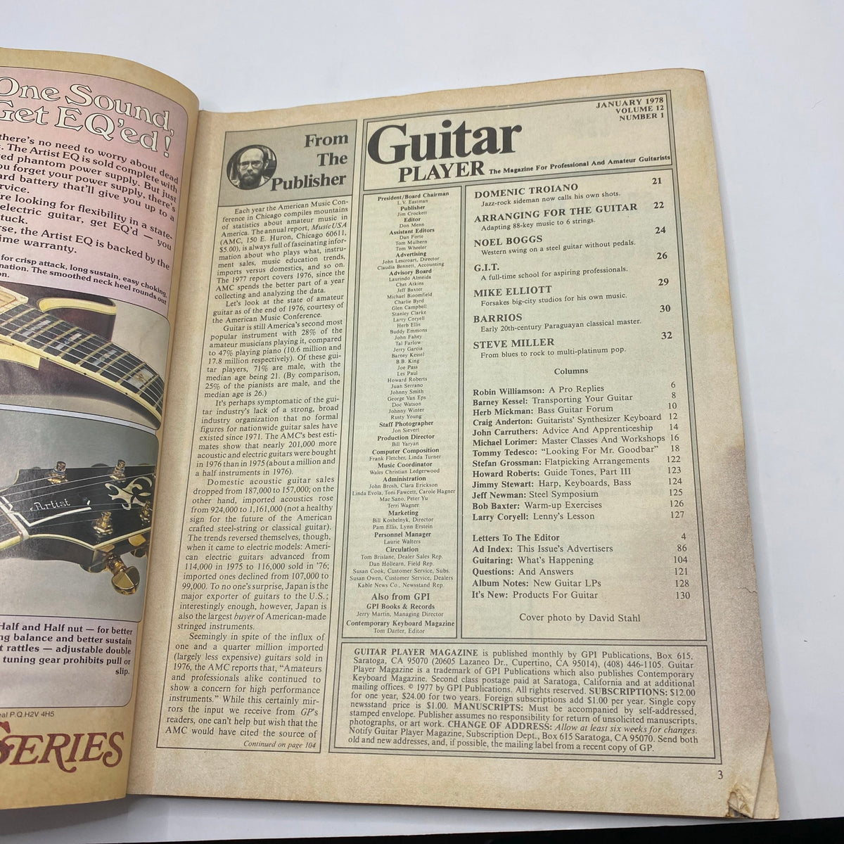 Inside page of Guitar Player Magazine January 1978 displaying the table of contents, highlighting articles and features including an interview with Steve Miller.