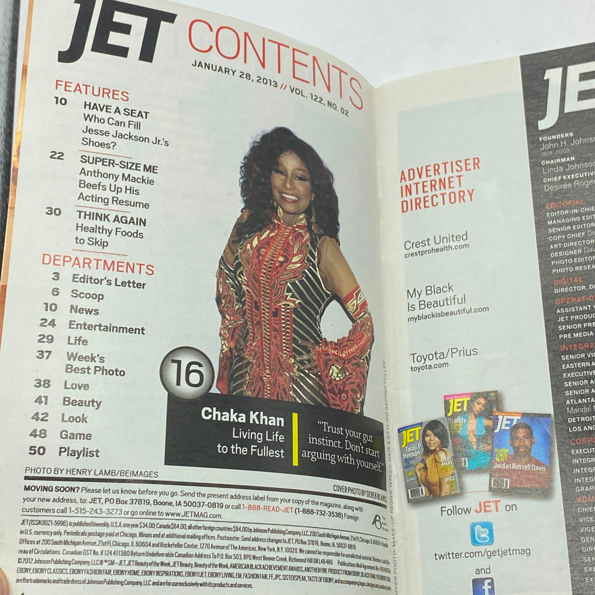 Contents page of Jet Magazine January 28, 2013, showcasing articles including a feature on Chaka Khan and other notable sections relevant to entertainment and lifestyle.