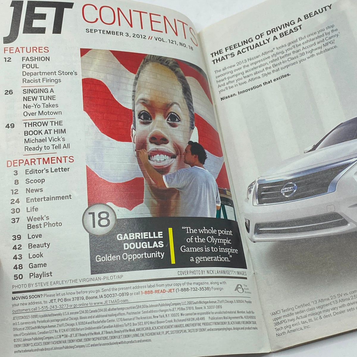 Contents page of Jet Magazine September 3, 2012, Vol 121 No. 18 highlighting Gabrielle Douglas as a feature article and emphasizing her Olympic achievements.