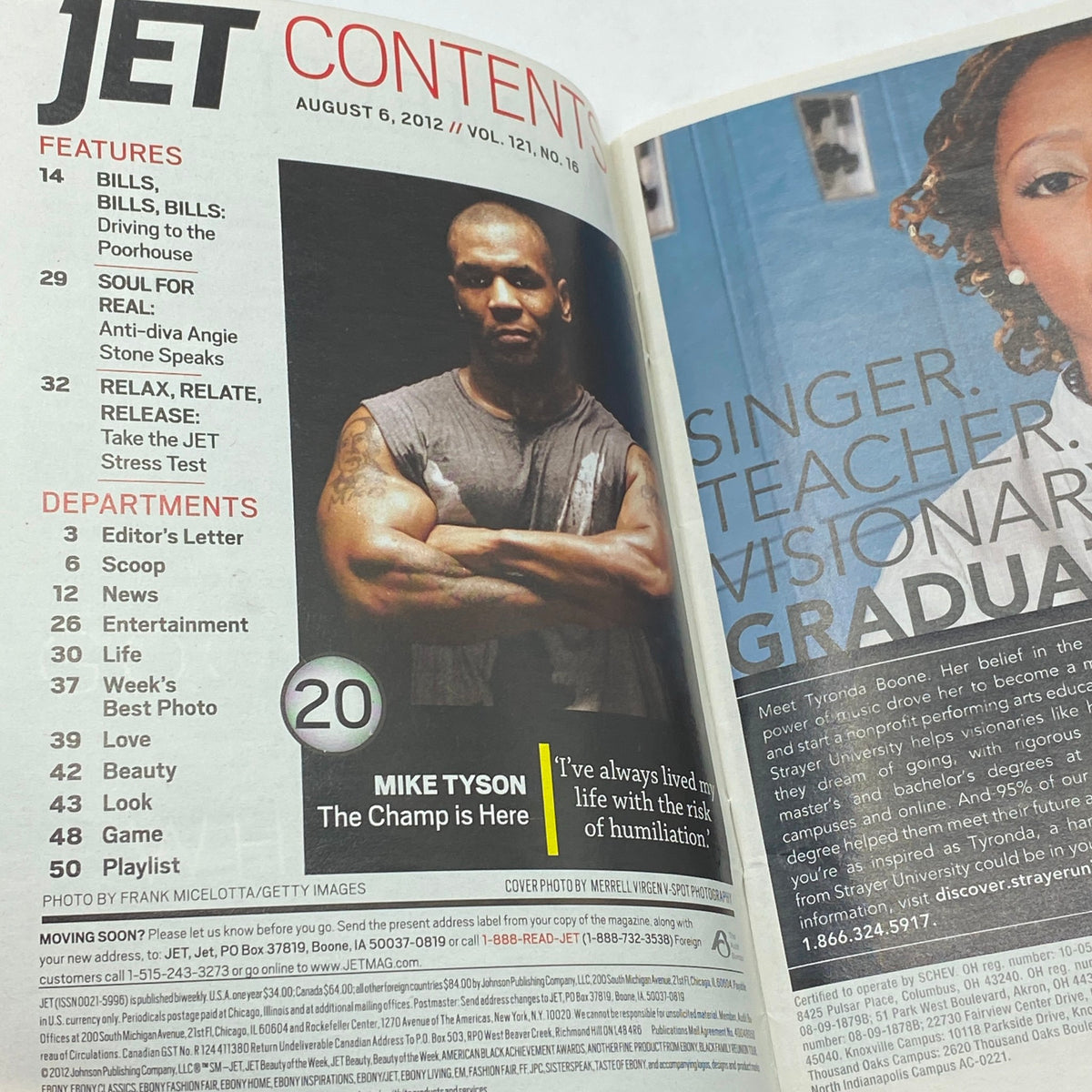 Contents page of Jet Magazine August 6, 2012, highlighting Mike Tyson as 'The Champ is Here' with features on lifestyle and entertainment.