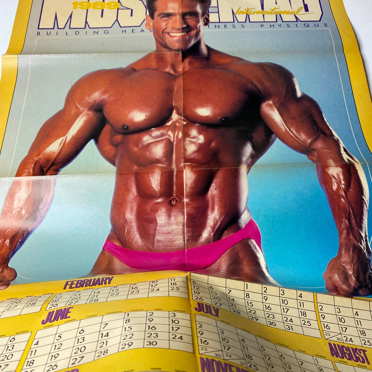 Detached calendar poster from MuscleMag International Magazine November 1988 No. 79 featuring a muscular man in pink posing trunks, illustrating fitness and bodybuilding.