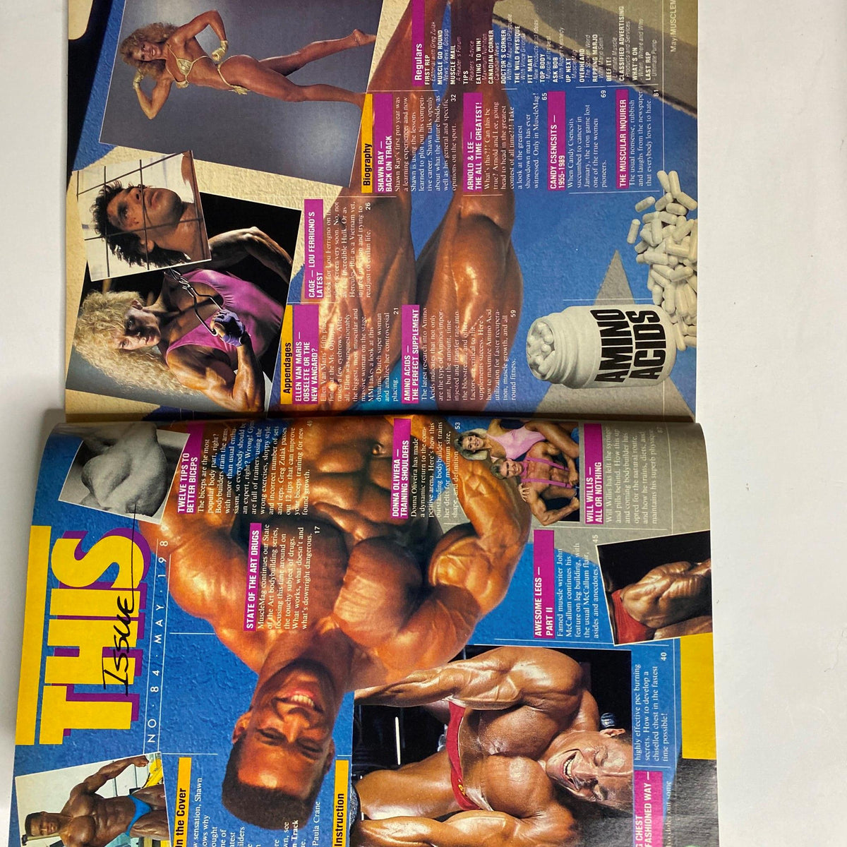 Inside spread of MuscleMag International Magazine May 1989 No. 84 showcasing various bodybuilding articles and imagery, including Shawn Ray's profile and fitness insights.