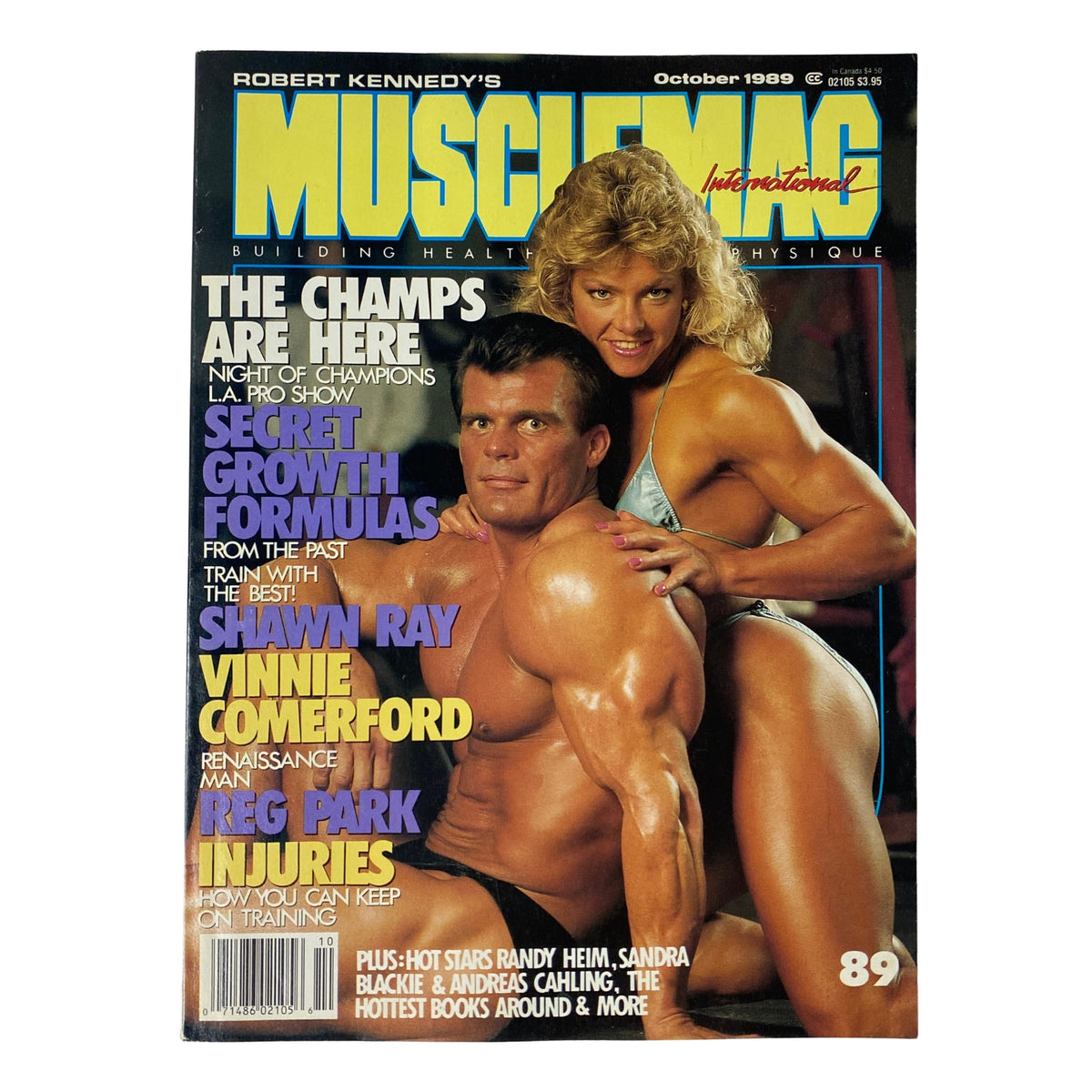Cover of MuscleMag International Magazine, October 1989 featuring Leonard and Krista Anderson, highlighting bodybuilding culture with articles on training, contests, and nutrition.