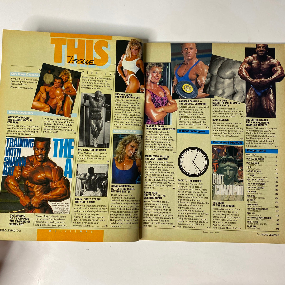 Interior page spread from MuscleMag International Magazine October 1989 featuring bodybuilding highlights and contest coverage, showcasing prominent athletes of the era such as Leonard and Krista Anderson.