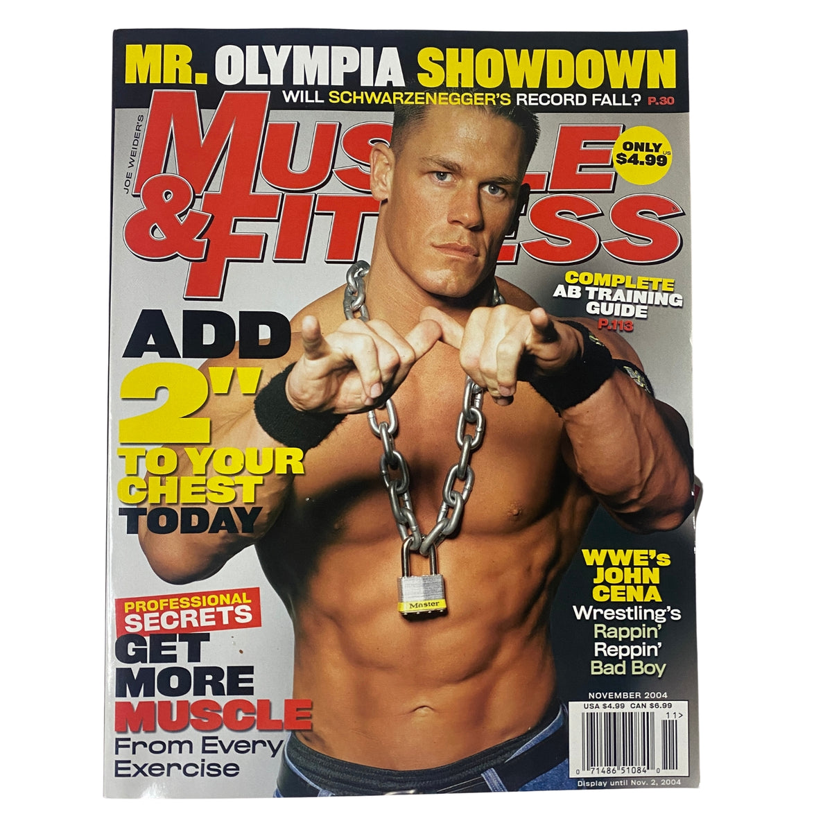 Muscle & Fitness Magazine November 2004 featuring WWE's John Cena on the cover, showcasing fitness tips and bodybuilding techniques, priced at $4.99.