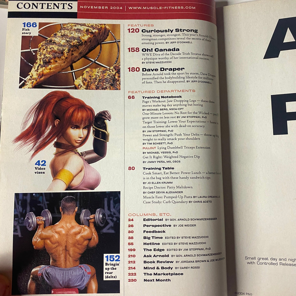 Contents page of Muscle & Fitness Magazine November 2004, highlighting features on Arnold Classic strongman, WWE Diva Trish Stratus, and legendary bodybuilder Dave Draper.