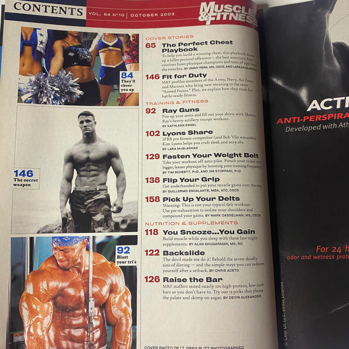 Interior content page from Muscle & Fitness Magazine October 2003 Vol 64 No. 10 displaying feature articles such as 'The Perfect Chest Playbook' and 'You Snooze... You Gain'.