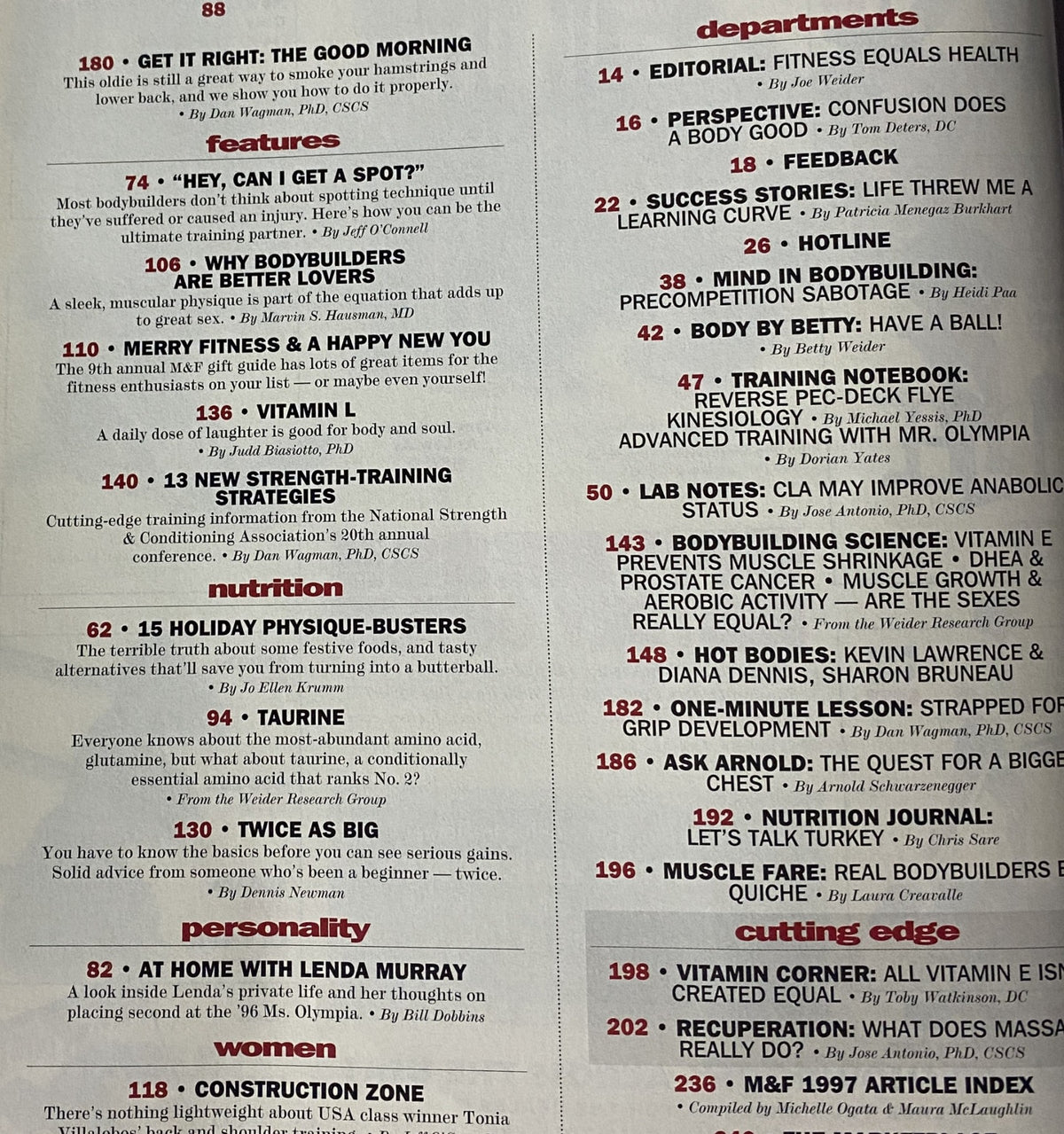 List of features and departments in Muscle & Fitness Magazine December 1997 Vol 58 No. 12, highlighting training exercises and nutritional advice.