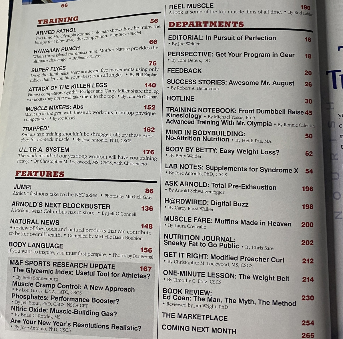 Interior page featuring training section including Ronnie Coleman's workout and other training features from Muscle & Fitness Magazine March 2000 with Pasi Schalin and Latonia Galloway on the cover.