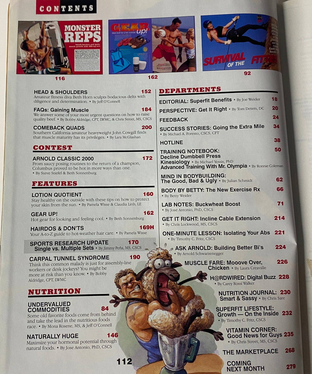 Contents page of Muscle & Fitness Magazine July 2000 featuring sections on training, nutrition, and contests, including highlights like the Arnold Classic 2000.