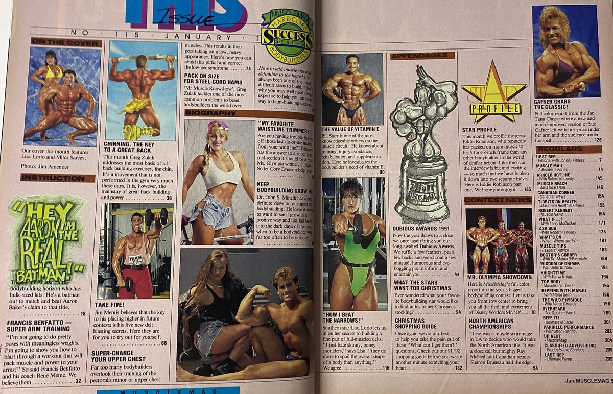 Interior page of MuscleMag International Magazine January 1992 featuring contest coverage, biographies, and editorial content on bodybuilding.