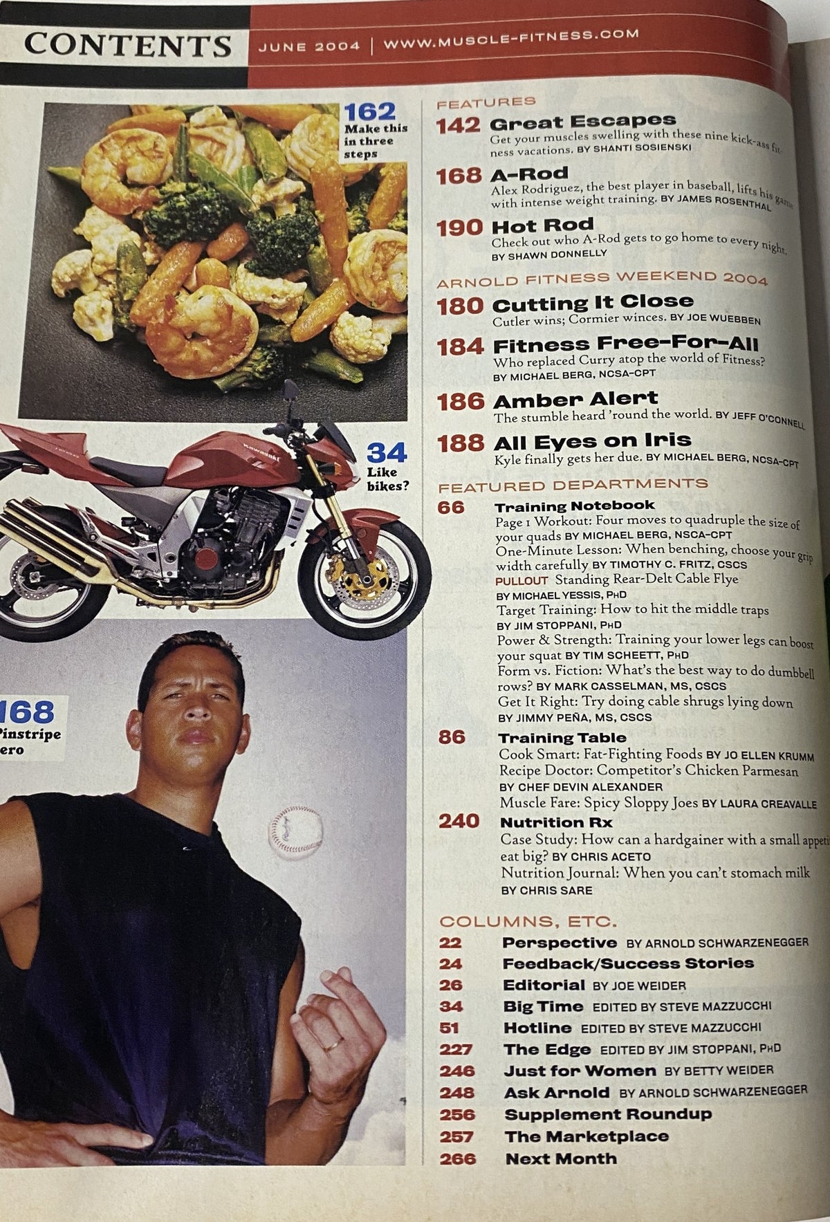 Contents page of Muscle & Fitness Magazine June 2004 featuring a food dish, a motorcycle, and various fitness features with Sean Cassidy on the cover.