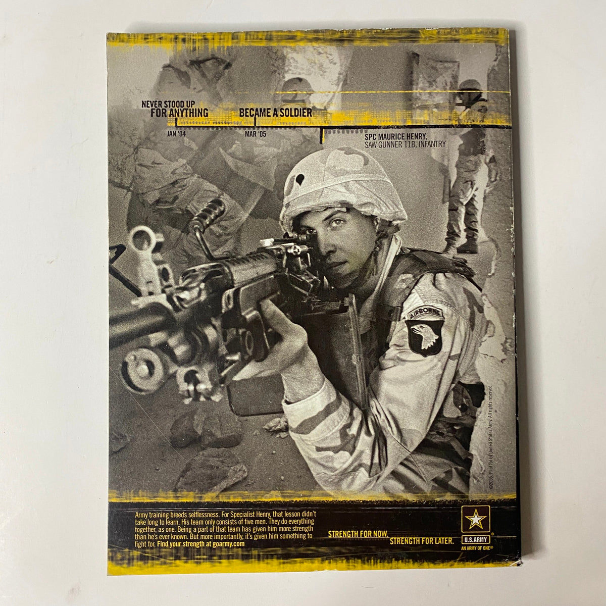 Advertisement page from Muscle & Fitness Magazine October 2005, Volume 66, No. 10 showcasing U.S. Army recruitment, featuring a soldier aiming a rifle and emphasizing the theme of strength and resilience.
