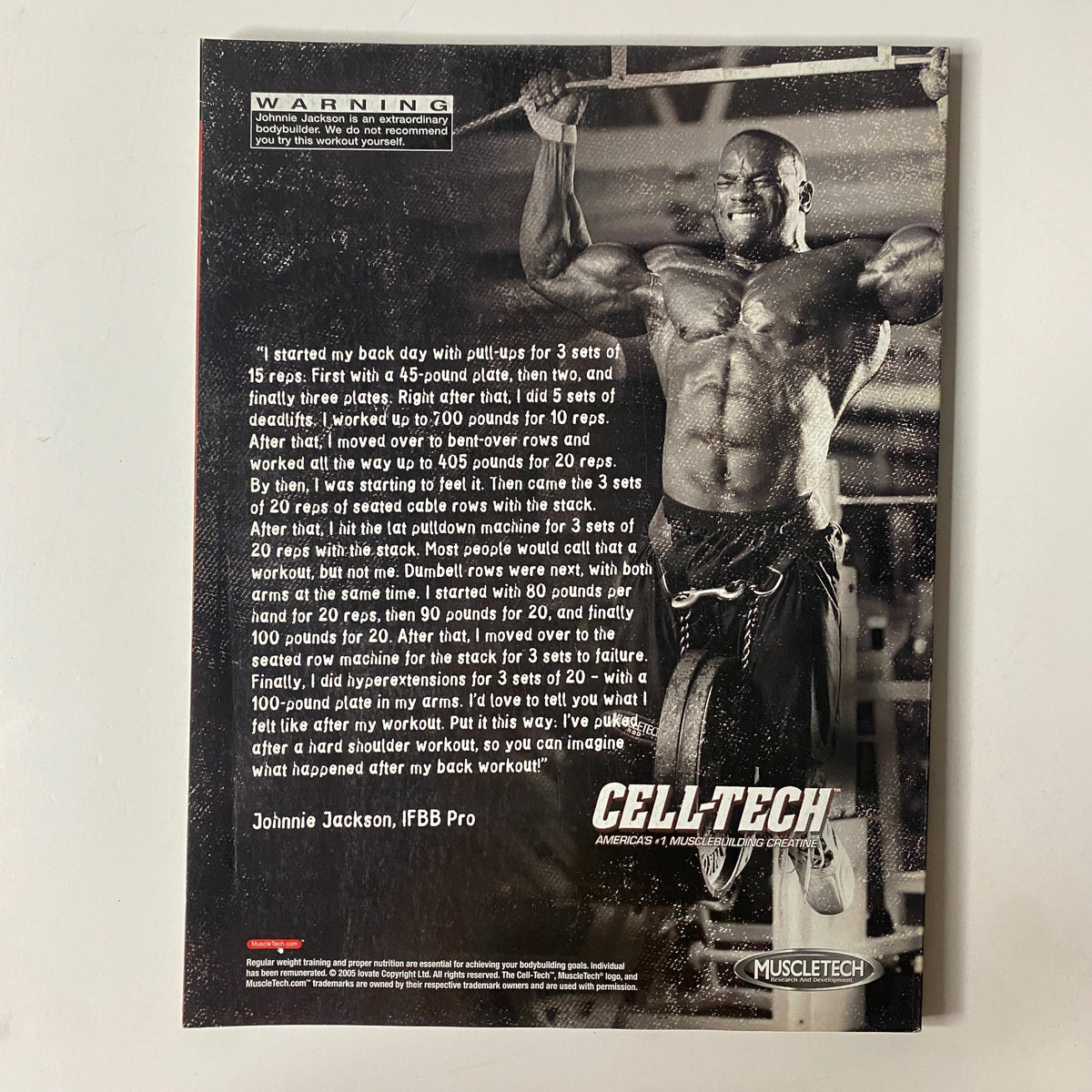 Muscle & Fitness Magazine August 2005 Vol 66 No. 8 featuring a workout image of Johnnie Jackson, IFBB Pro promoting Cell-Tech with a focus on bodybuilding training techniques.