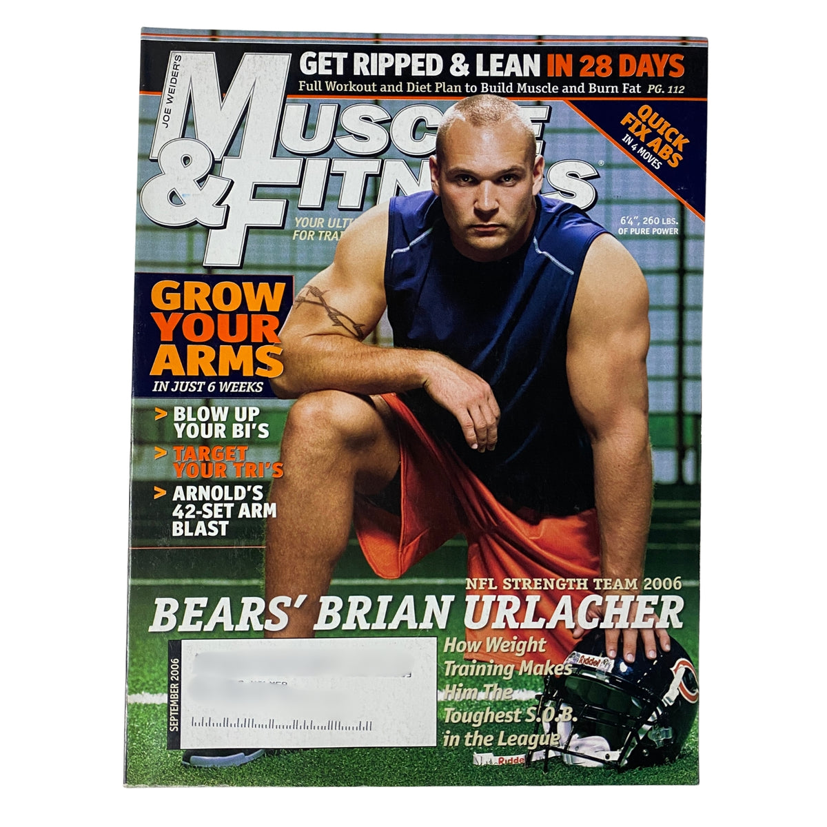 Cover of Muscle & Fitness Magazine, September 2006, Vol 67 No 9 featuring Brian Urlacher. The magazine emphasizes arm training and NFL strength, with a focus on workouts and nutrition tips for athletes.