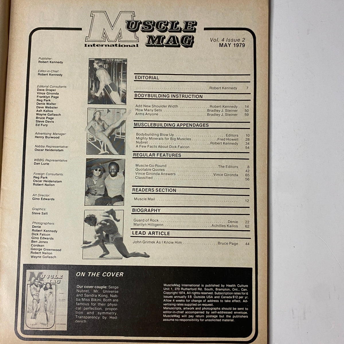 Contents page of MuscleMag International Magazine May 1979 listing editorial, bodybuilding instruction, and features. Details include contributions from Robert Kennedy and articles on bodybuilding techniques.