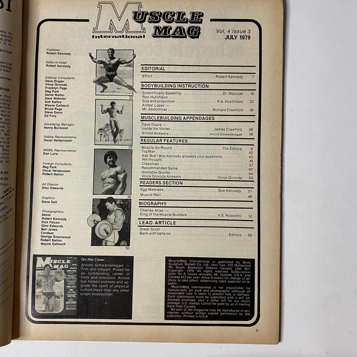 Inside page from MuscleMag International Magazine September 1979 featuring the editorial and contents including bodybuilding instruction, regular features, and biographies of famous bodybuilders. The issue spotlights Arnold Schwarzenegger and offers insights from fitness experts.