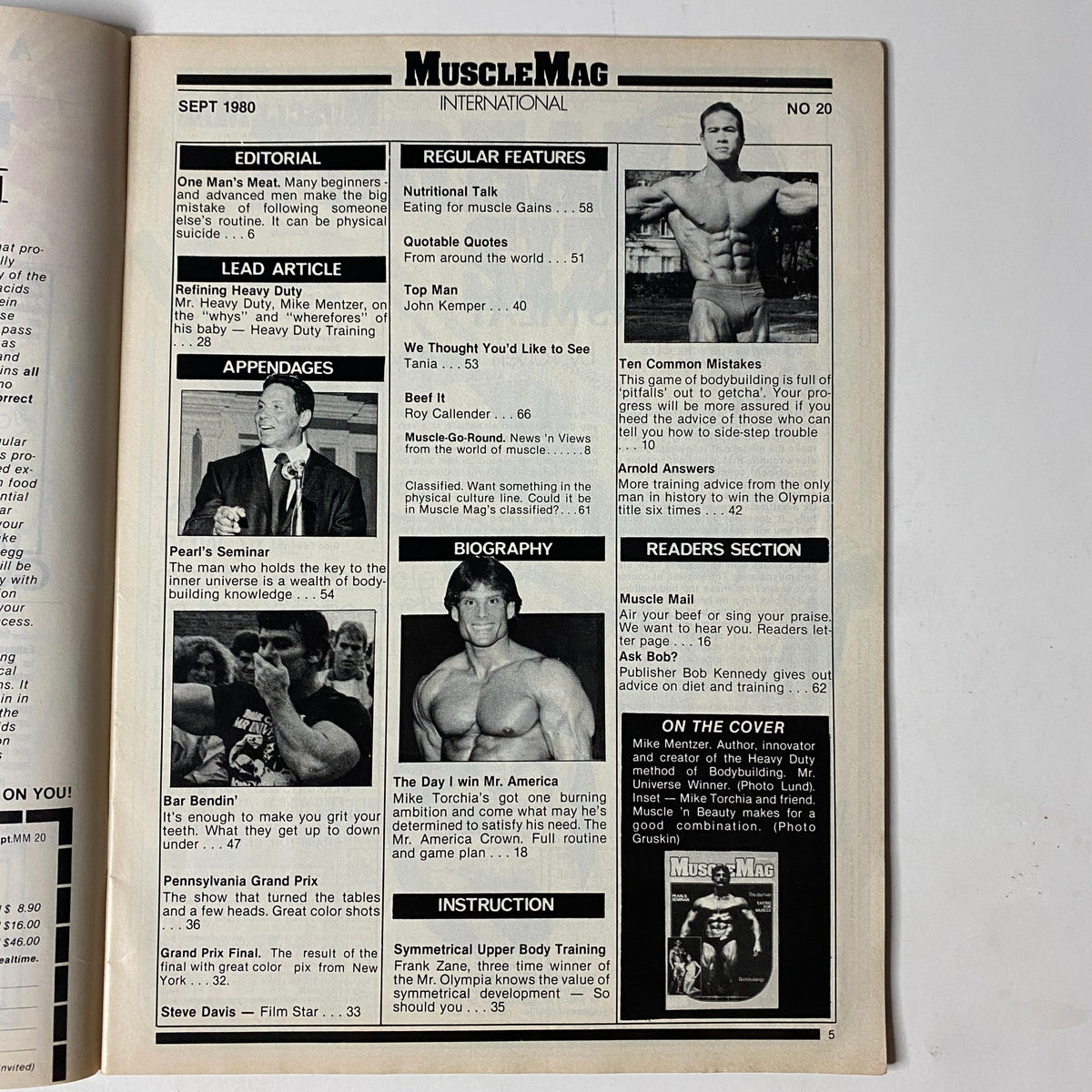 Interior page of MuscleMag International Magazine September 1980 No. 20, displaying the editorial section, articles including 'Heavy Duty Training' by Mike Mentzer, and features on bodybuilding topics.