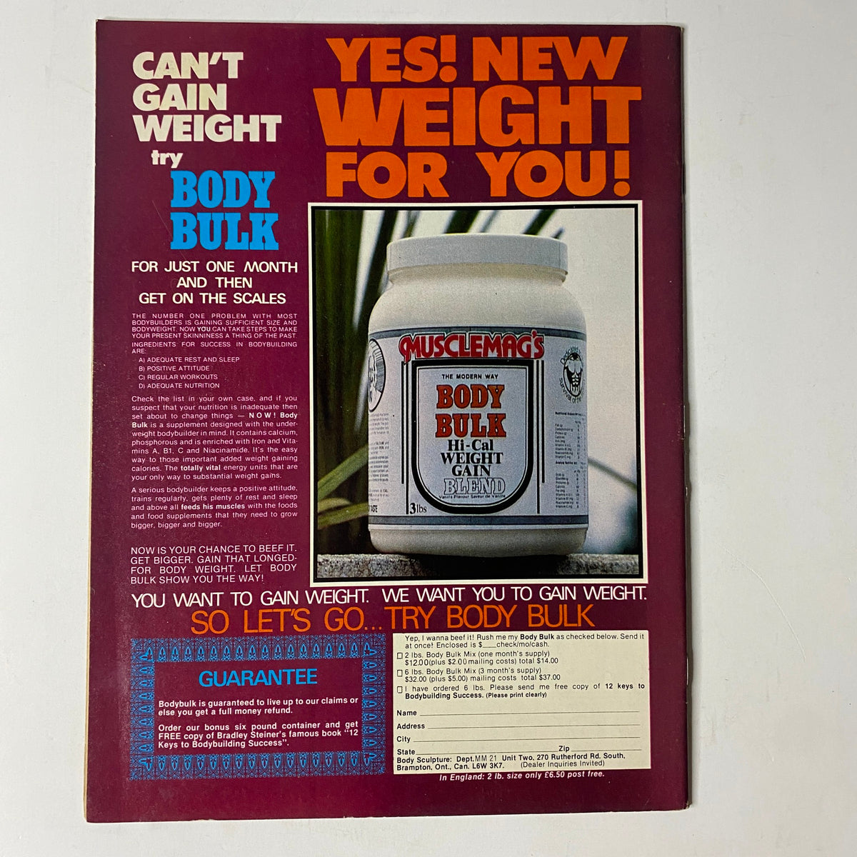 MuscleMag International Magazine November 1980 No. 21 Frank Calta No Label VG advertisement for Body Bulk weight gain product, highlighting its benefits and usage instructions for bodybuilders.