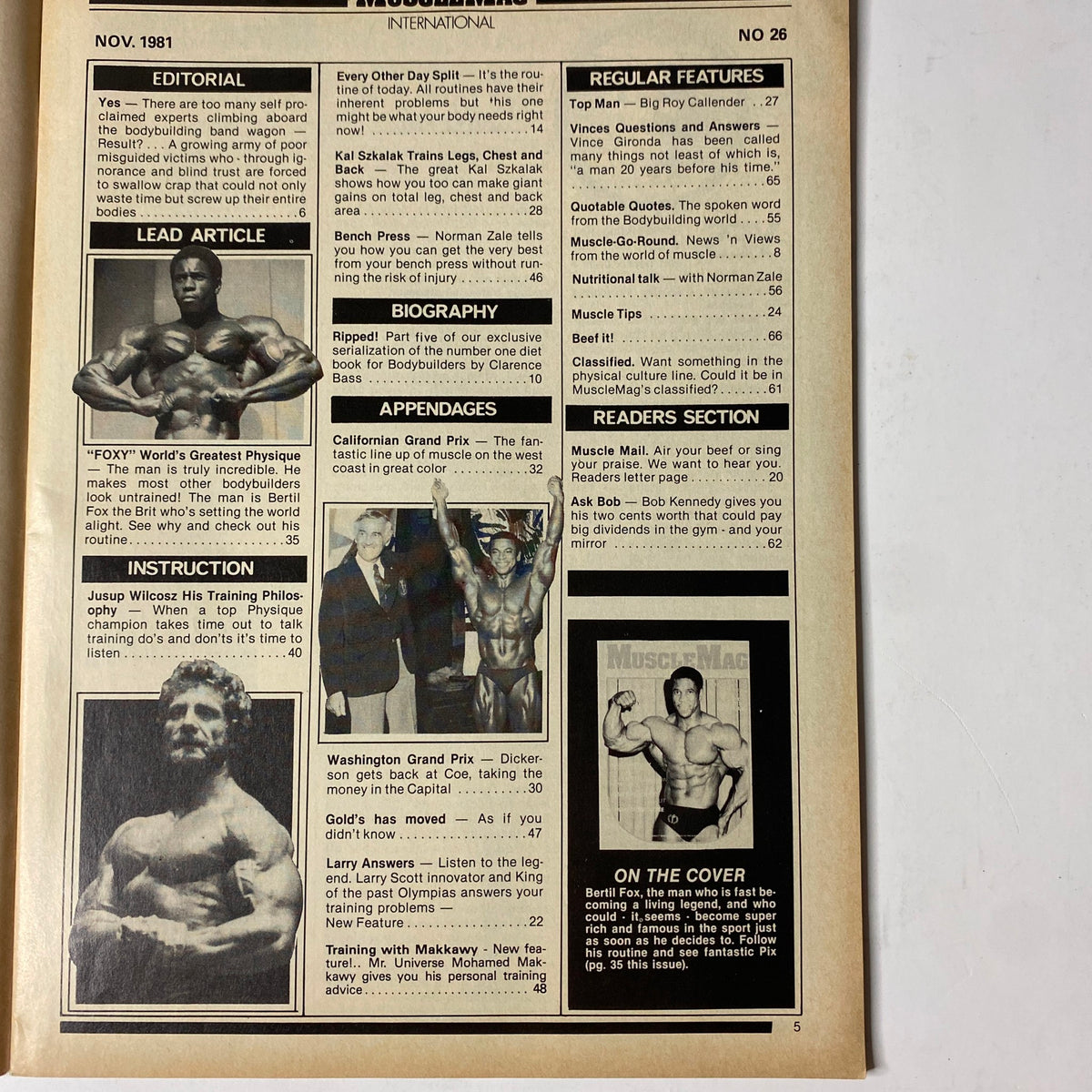 Interior page of MuscleMag International Magazine November 1981 No. 26 presenting editorial content and articles including training philosophies from top bodybuilders.