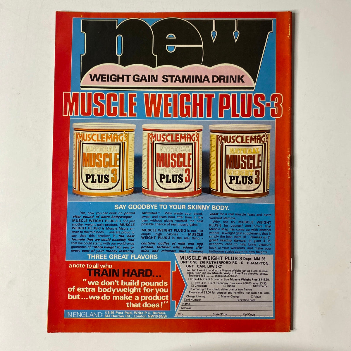 Back cover of MuscleMag International Magazine November 1981 No. 26 promoting Muscle Weight Plus-3, a weight gain drink, alongside product details.