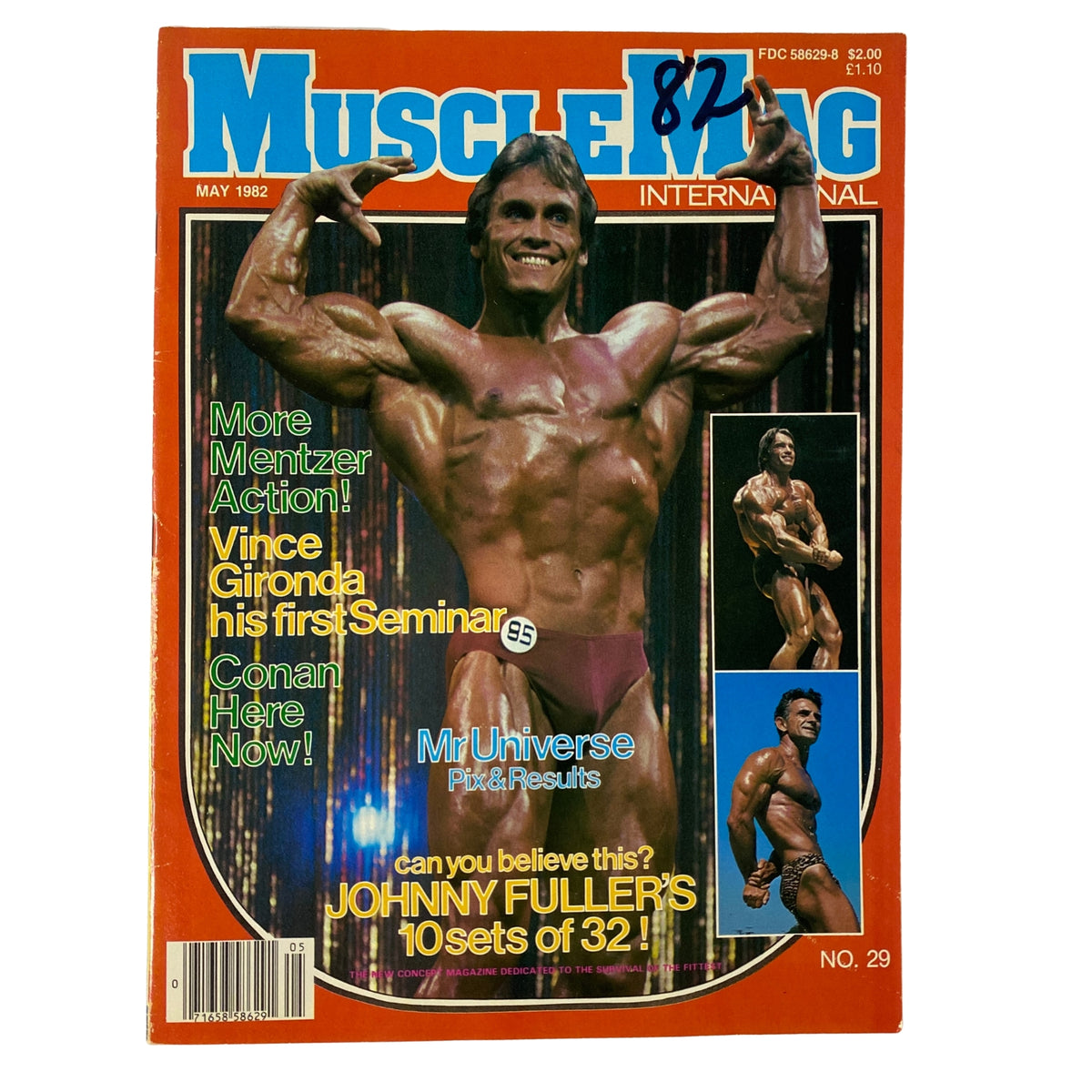 Cover of MuscleMag International Magazine May 1982 featuring Lance Dreher as Mr. Universe and Arnold Schwarzenegger, highlighting articles on bodybuilding, training techniques, and fitness guidance.