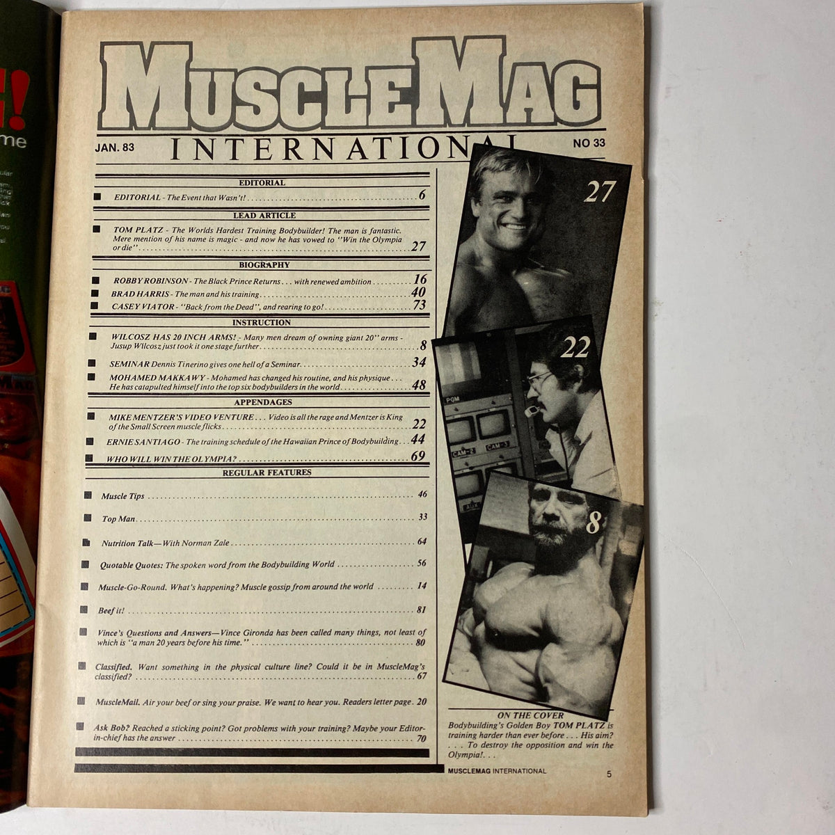 Cover of MuscleMag International Magazine January 1983 No. 33 featuring editorial contents and articles including Tom Platz's intense training and bodybuilding ambitions.