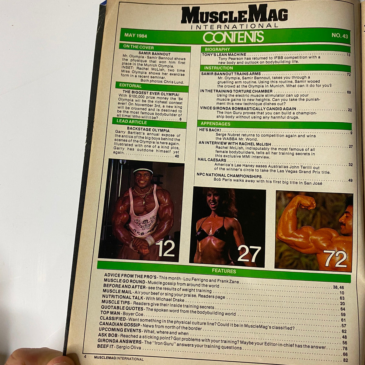 MuscleMag International Magazine May 1984 No. 43 Samir Bannout No Label showing the contents page, featuring editorial highlights, bodybuilding articles, and images related to Olympia contest training and insights.