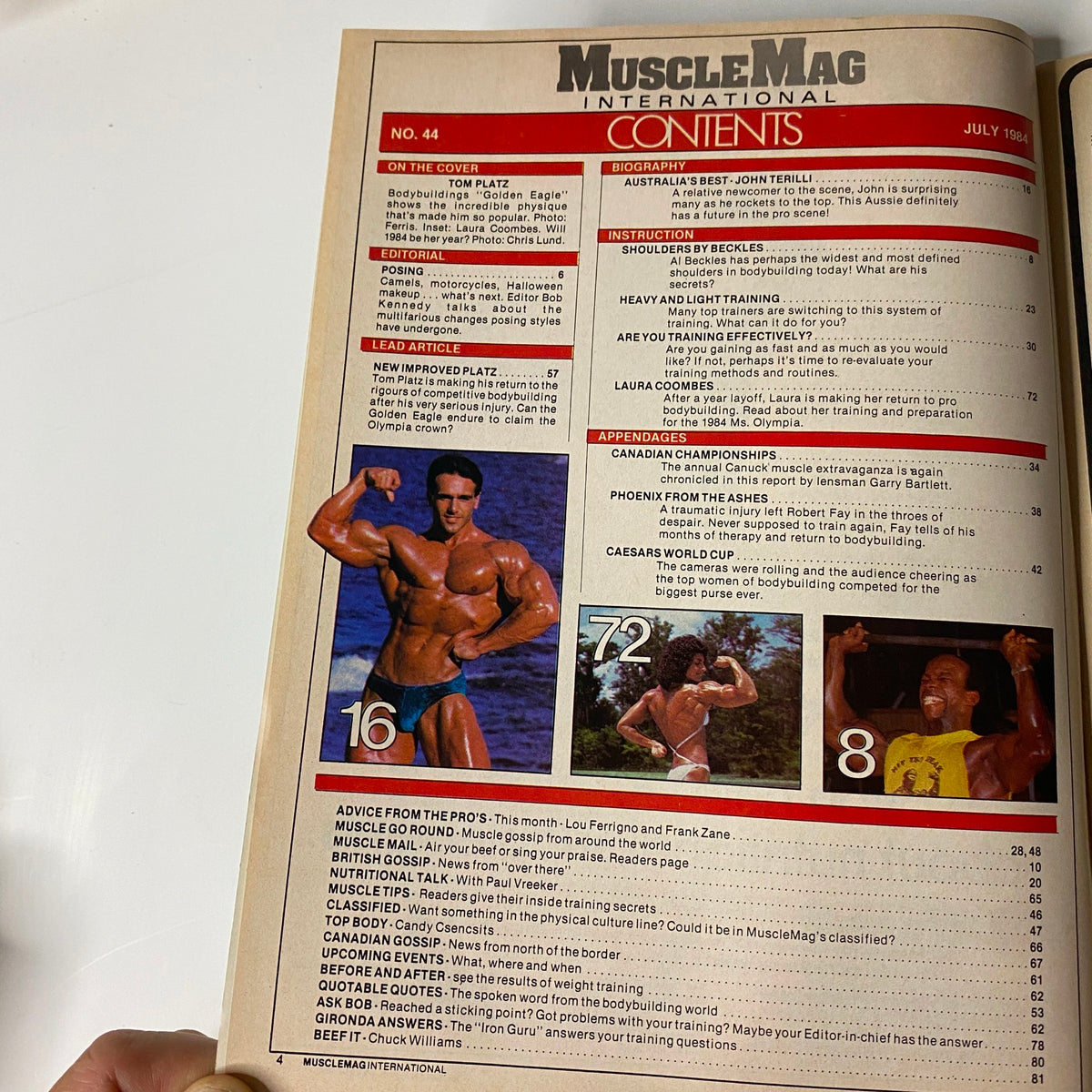 Contents page of MuscleMag International Magazine July 1984 No. 44, listing articles including features on Tom Platz, women’s bodybuilding, and training tips, with images of bodybuilders.