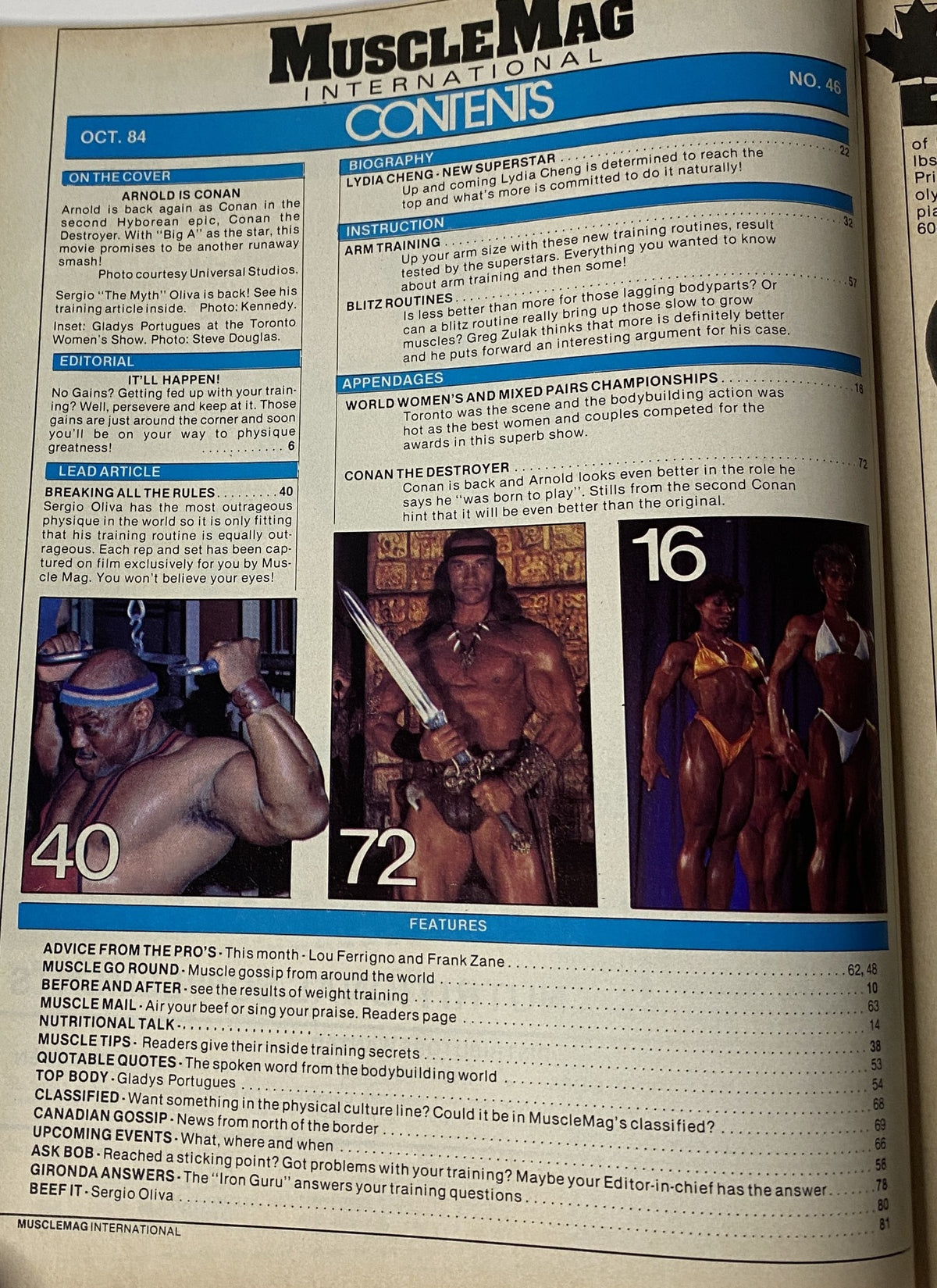 Contents page of MuscleMag International Magazine October 1984 No. 46, including articles on Sergio Oliva, arm training routines, and coverage of the World Women’s and Mixed Pairs Championships.