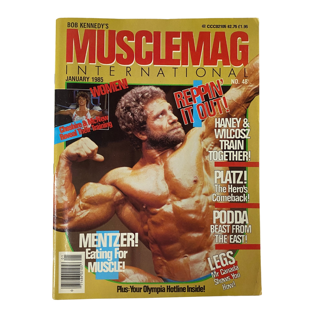 Cover of MuscleMag International Magazine January 1985 No. 48 featuring Jusup Wilcosz, highlighting bodybuilding topics such as training tips and nutrition, with images of famous bodybuilders like Lee Haney and Mike Mentzer.