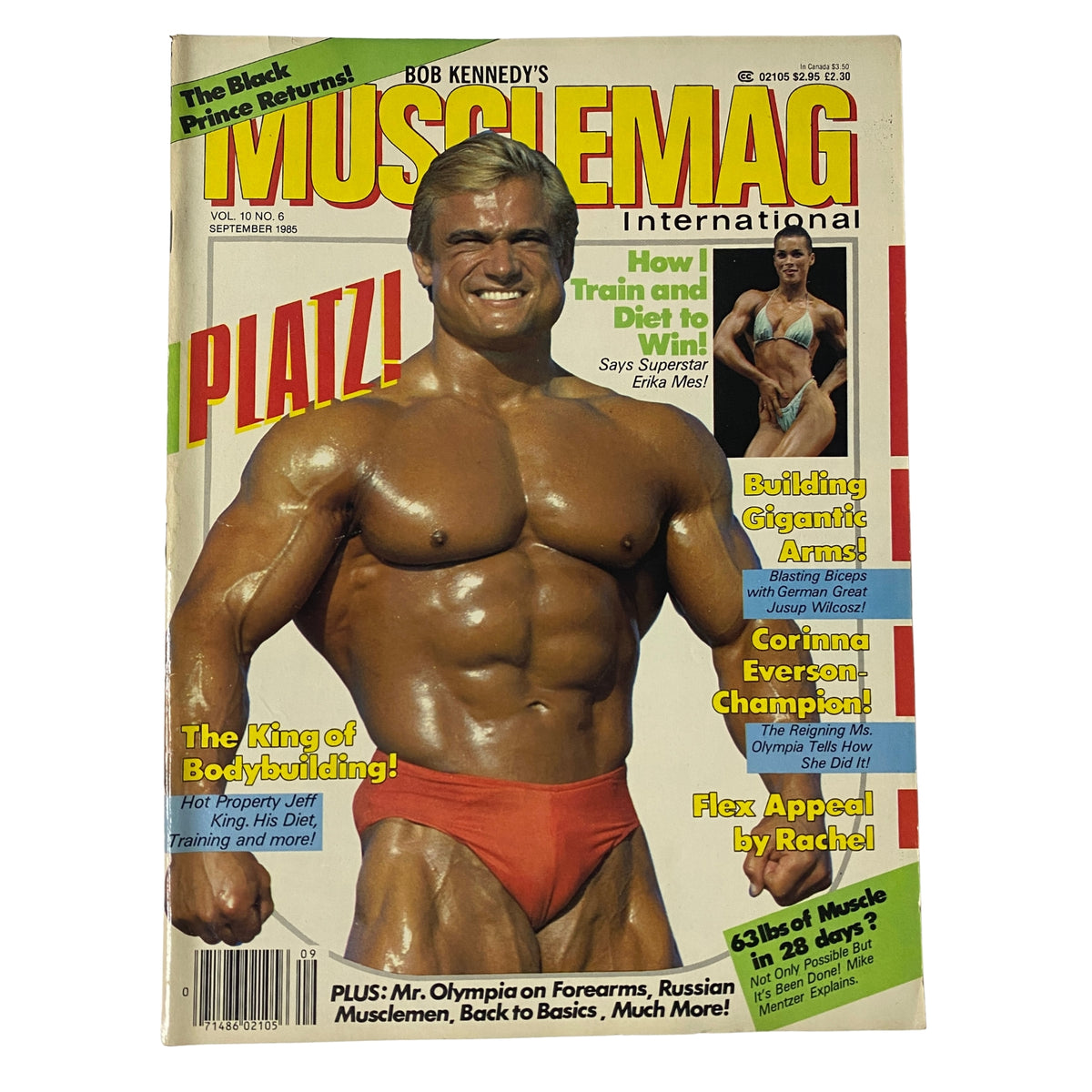 Cover of MuscleMag International Magazine September 1985 Vol 10 No. 6 featuring Tom Platz, showcasing bodybuilding with a focus on leg training and includes iconic bodybuilding names like Cory Everson and Mike Mentzer.