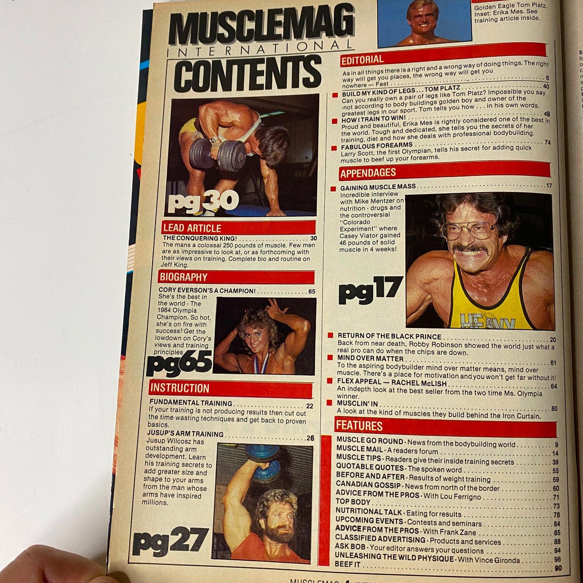 Contents page of MuscleMag International Magazine September 1985 Vol 10 No. 6 detailing articles on lead features, biographies, and bodybuilding instruction, emphasizing Tom Platz and Cory Everson's training insights.