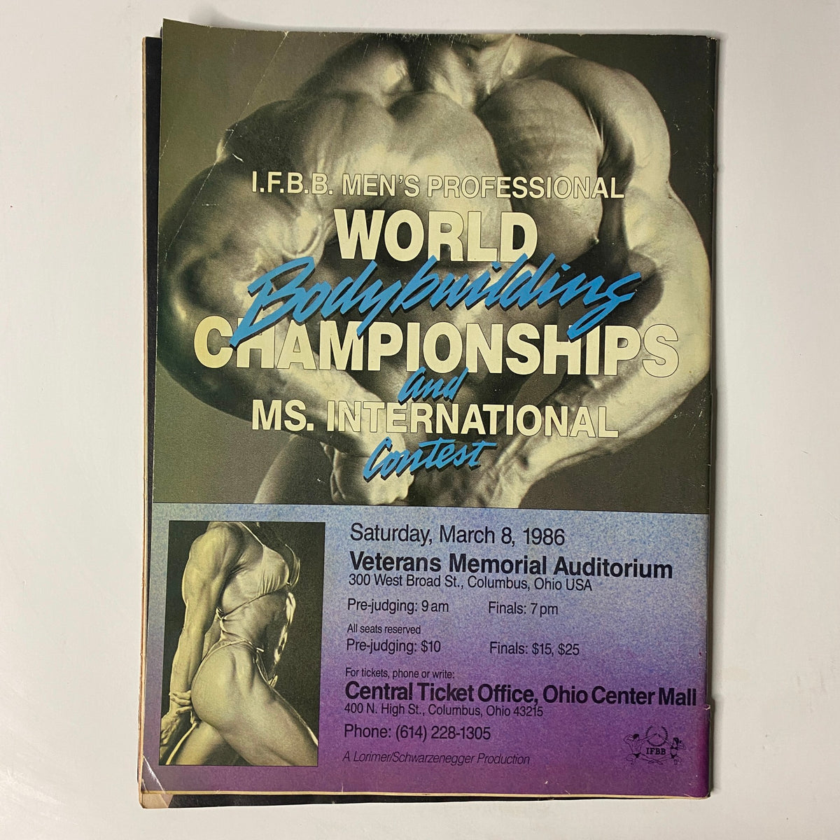 MuscleMag International Magazine February 1986 Vol 11 #1 advertisement for the IFBB Men's Professional World Bodybuilding Championships and Ms. International Contest.
