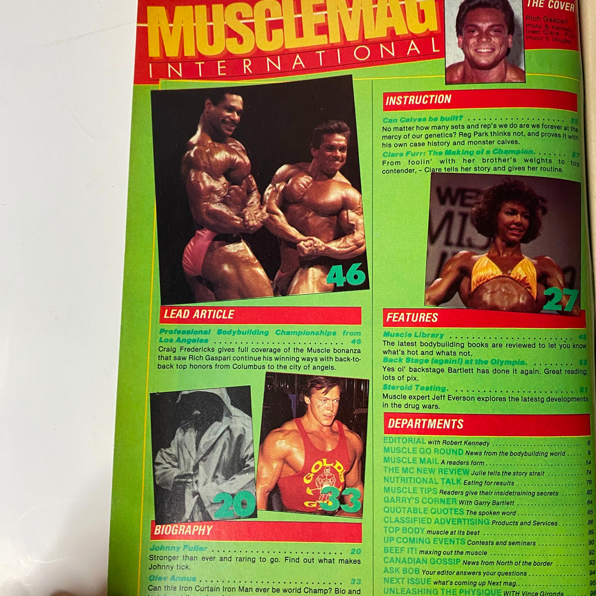 Inside spread of MuscleMag International Magazine August 1986, featuring Rich Gaspari in the lead article about professional bodybuilding championships, including insights on Clare Furr and Johnny Fuller.