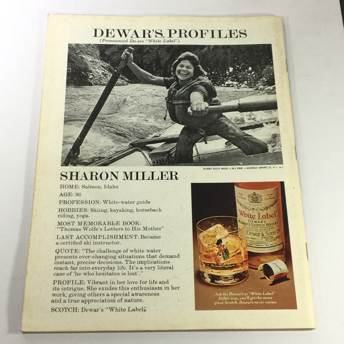 Back cover of VTG Gourmet Magazine from April 1977 featuring a profile of Sharon Miller, a white-water guide, along with a Dewar's whisky advertisement.